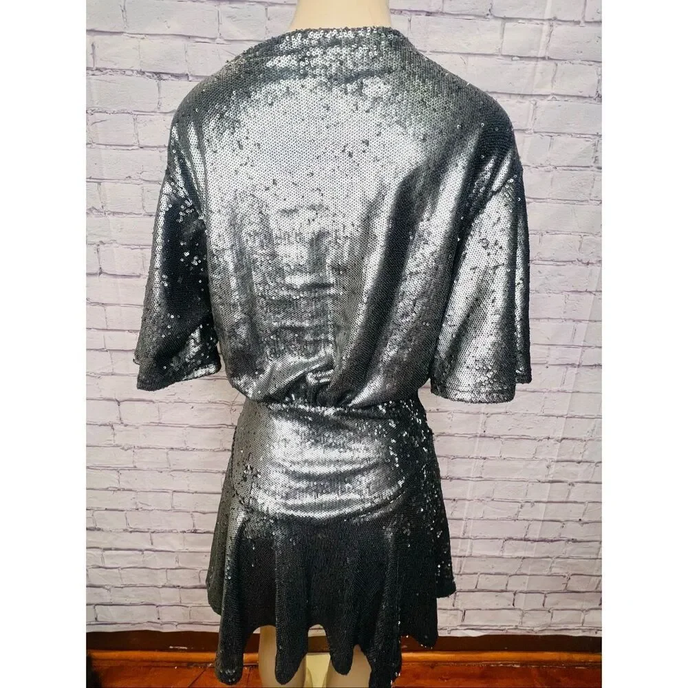 Free People Womens Gunmetal Gray Sequin Futter Sleeve Manuka Mini Dress Size XS